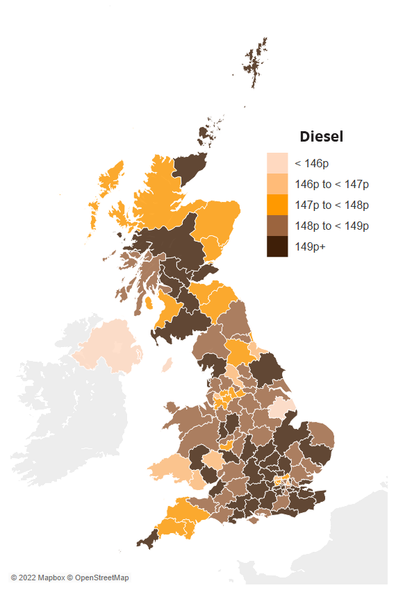 Map showing average UK diesel prices by region