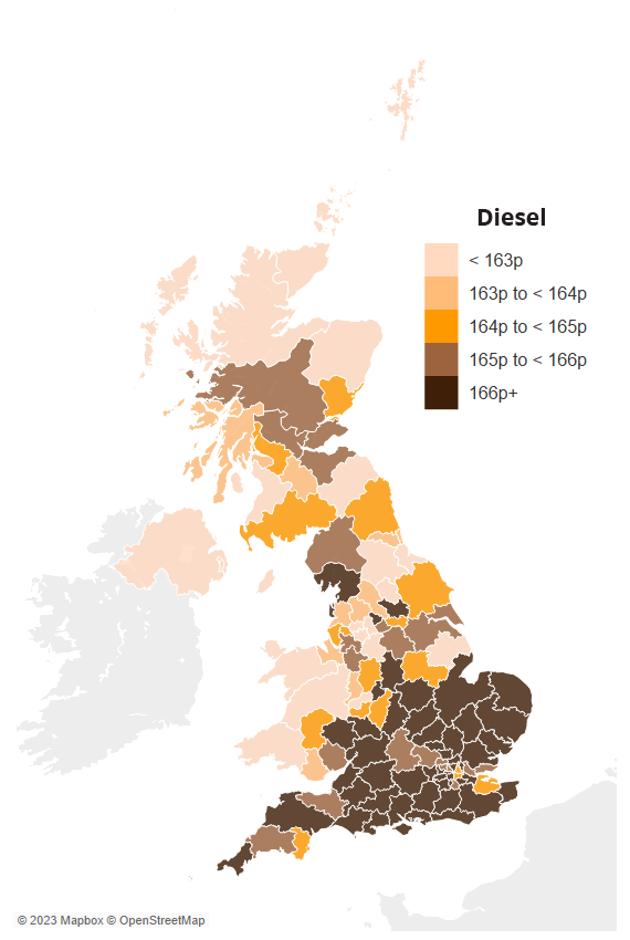 Map showing average UK diesel prices by region