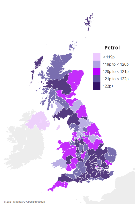 Map showing average UK petrol prices by region
