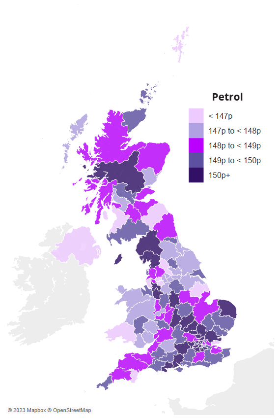 Map showing average UK petrol prices by region