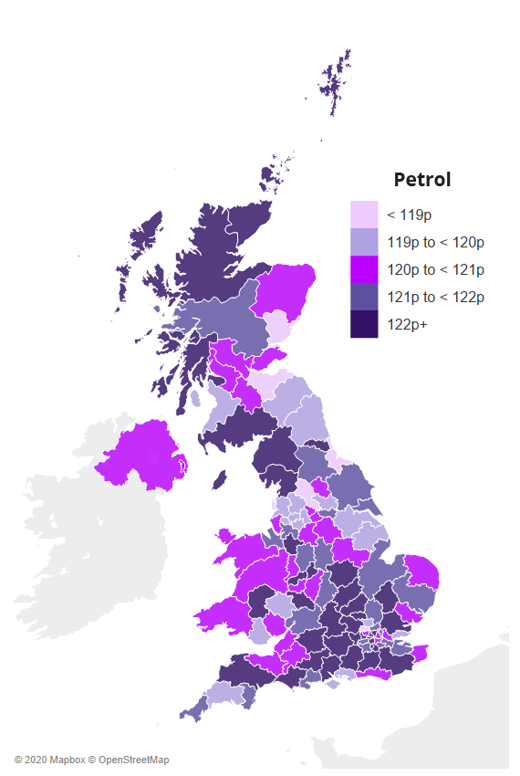 Map showing average UK petrol prices by region