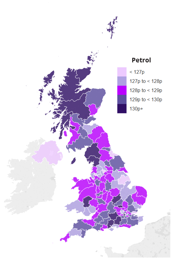 Map showing average UK petrol prices by region