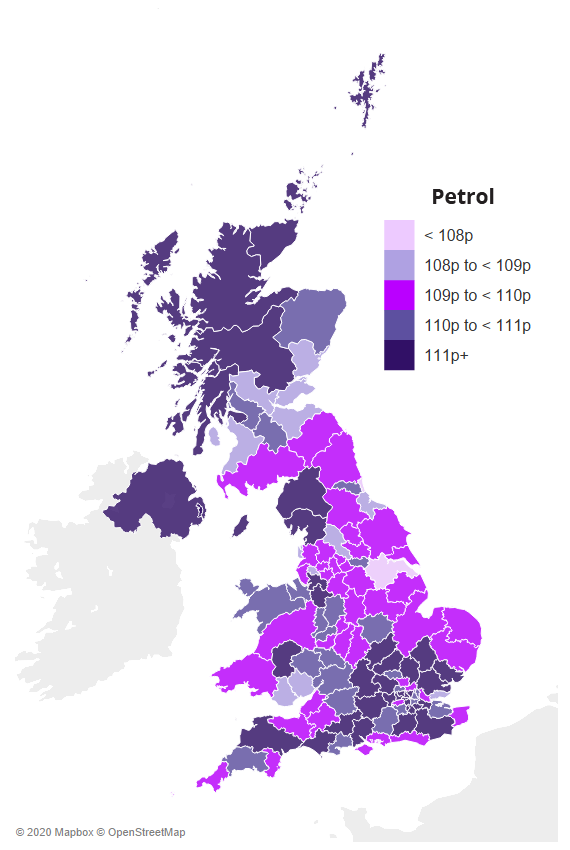 Map showing average UK petrol prices by region