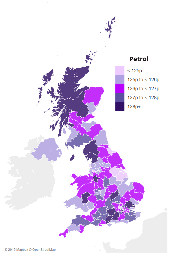 Map showing average UK petrol prices by region