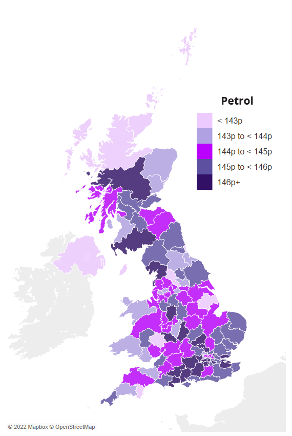 Map showing average UK petrol prices by region