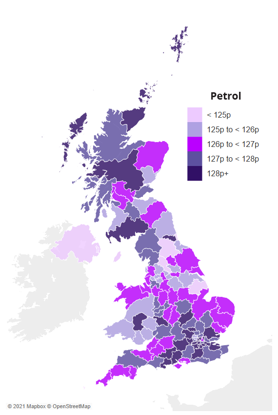 Map showing average UK petrol prices by region