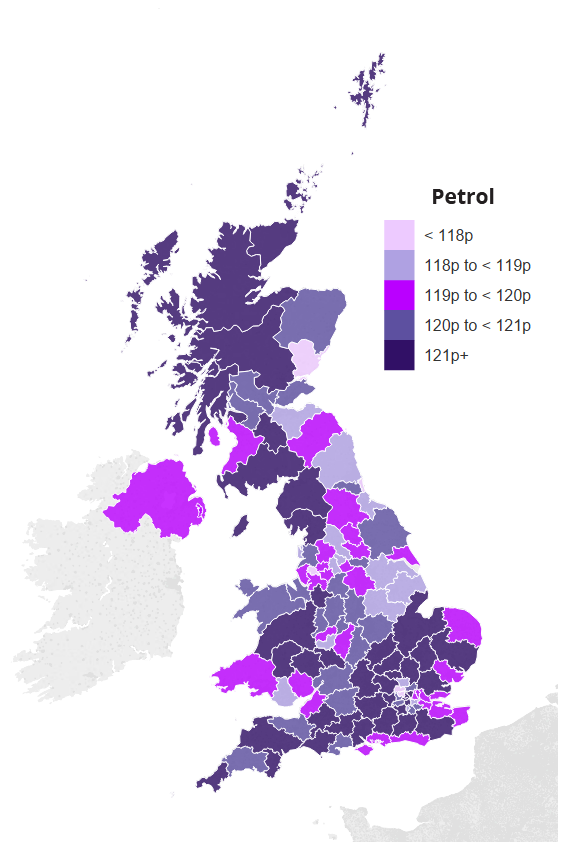 Map showing average UK petrol prices by region