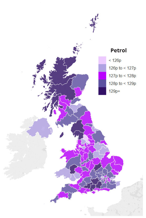 Map showing average UK petrol prices by region