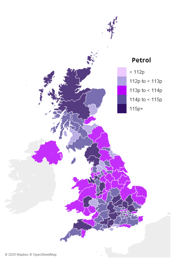 Map showing average UK petrol prices by region