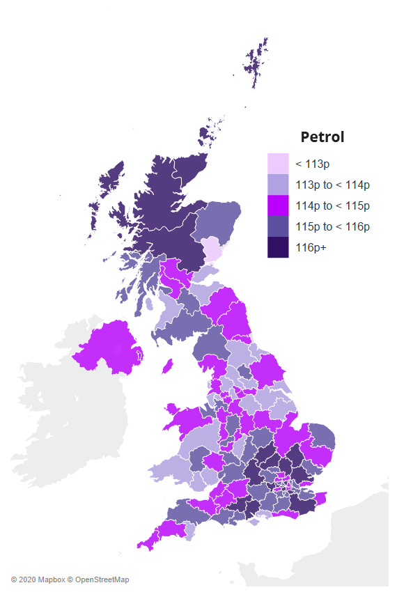 Map showing average UK petrol prices by region