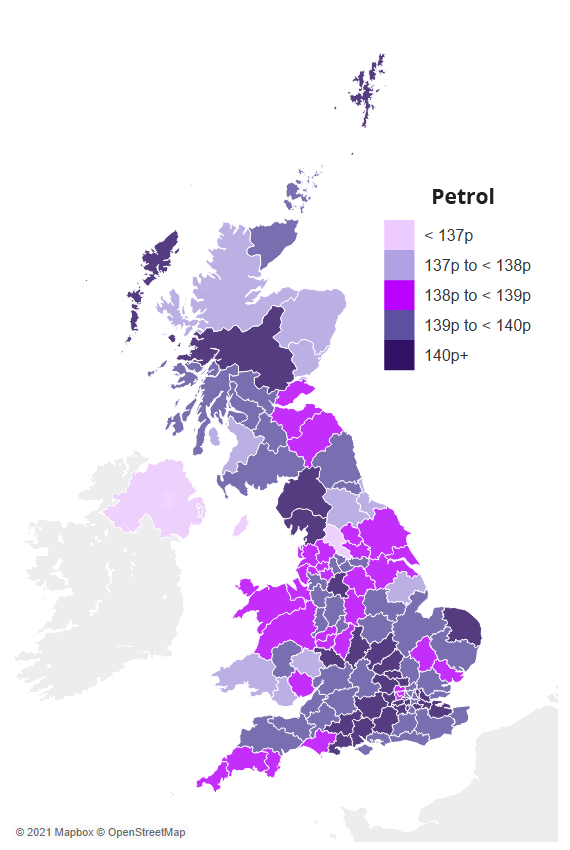 Map showing average UK petrol prices by region