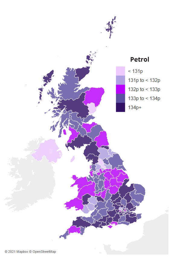 Map showing average UK petrol prices by region