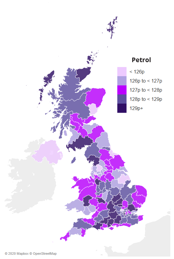 Map showing average UK petrol prices by region