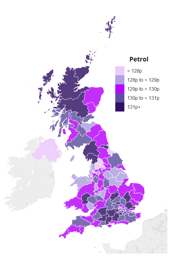 Map showing average UK petrol prices by region