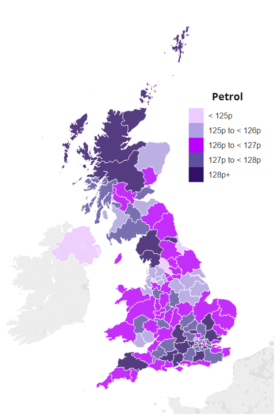 Fuel Prices Explore The Uk Price Index Confused Map Showing Average Uk Petrol Prices By Region